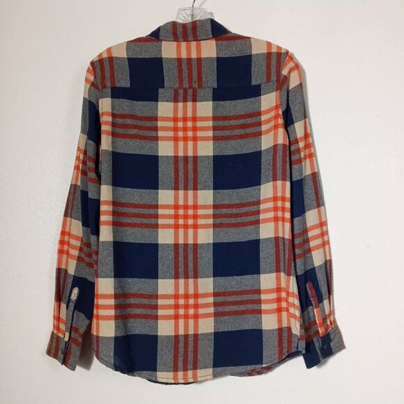 Vintage Field & Stream Flannel Shirt 60s 70s Orange Blue Plaid Button Sleeves SM - Picture 2 of 8